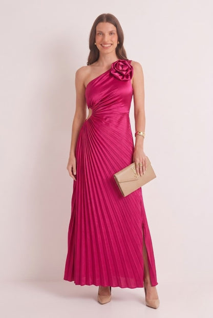 Robe de Soirée Longue Asymétrique Plissée Rose Fuchsia