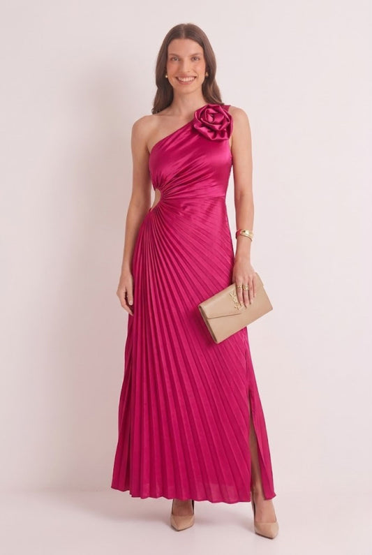 Robe de Soirée Longue Asymétrique Plissée Rose Fuchsia
