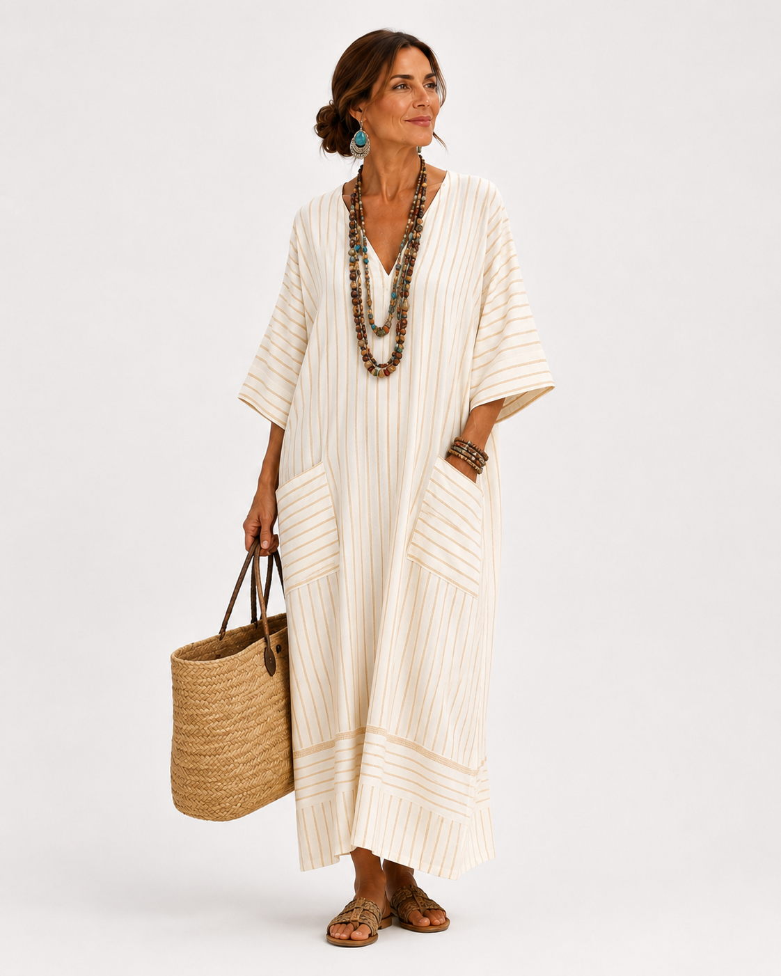Alba | Caftan Beige à Rayures Méditerranéennes