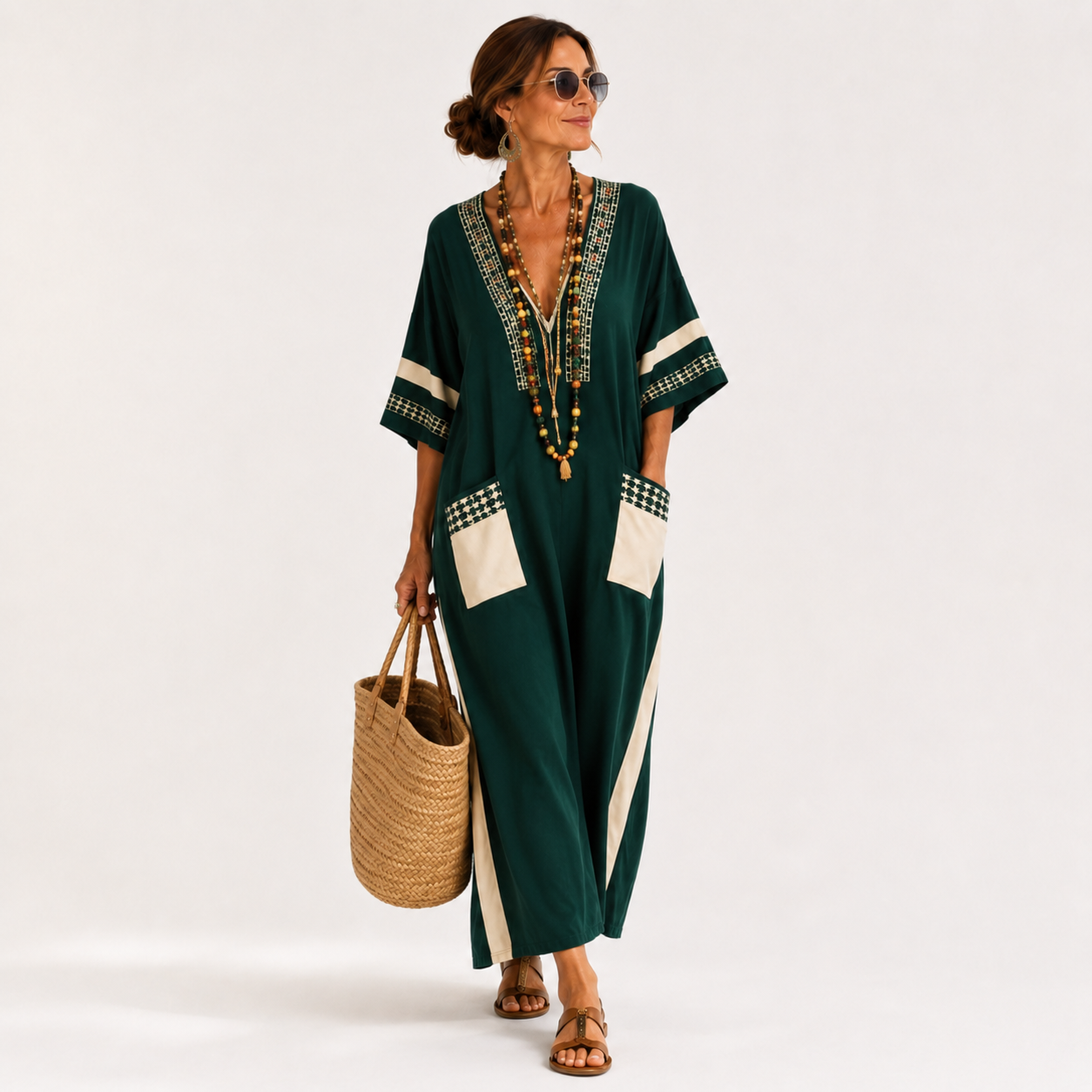 Noor | Caftan Vert à Imprimé Ethnique