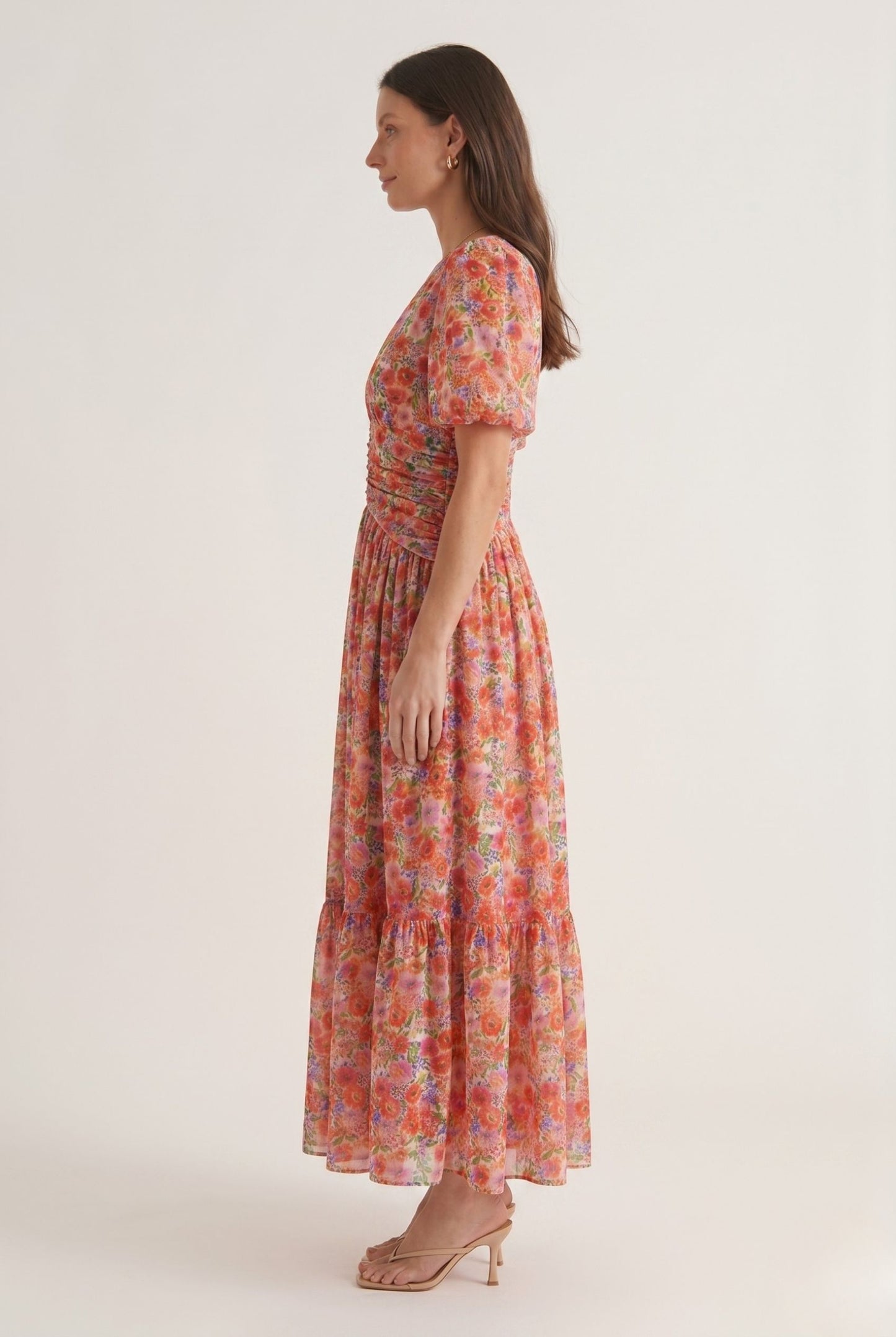Robe Longue Élégante en Mousseline à Imprimé Floral et Col V