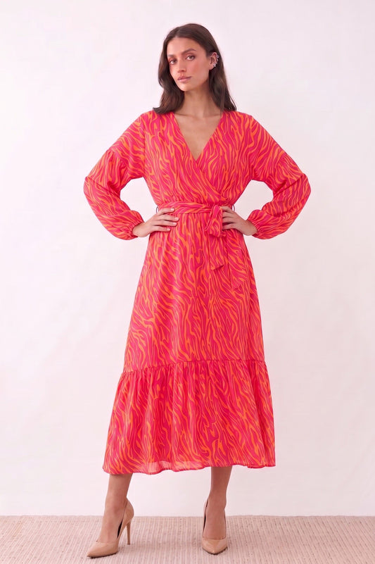 Robe Midi Cache-Cœur "Zèbre Vibrant" – Rose & Orange