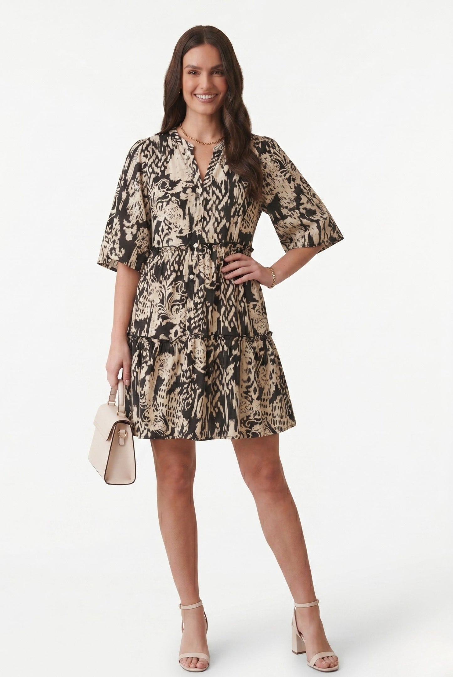 Robe Courte Élégante à Imprimé Graphique et Taille Ajustable