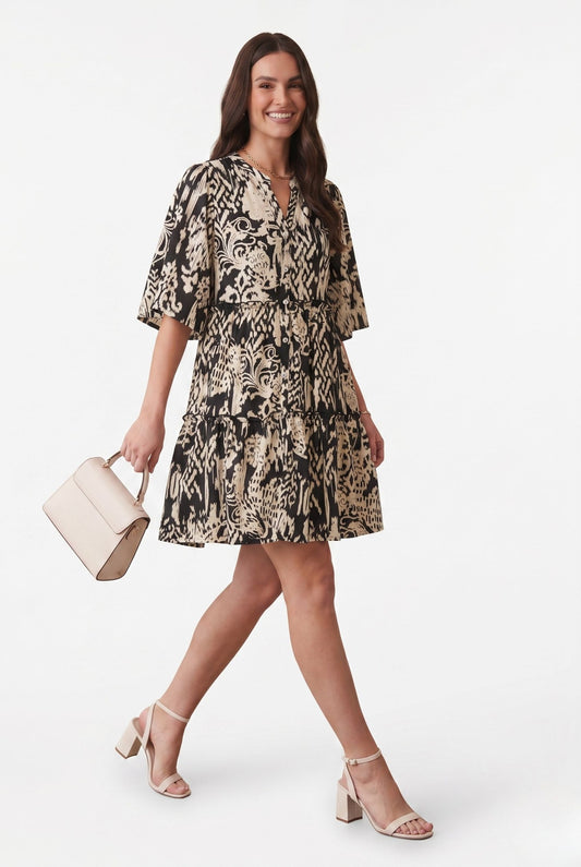 Robe Courte Élégante à Imprimé Graphique et Taille Ajustable
