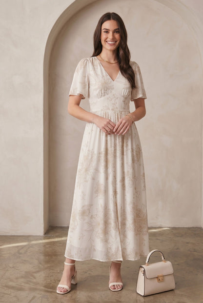 Robe Longue Élégante Écru à Motif Floral Doré et Manches Papillon