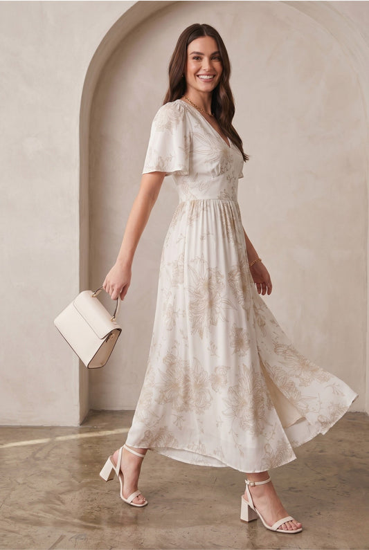 Robe Longue Élégante Écru à Motif Floral Doré et Manches Papillon