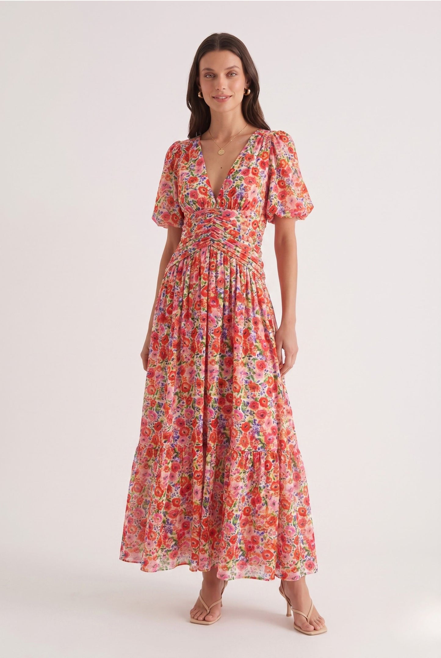 Robe Longue Élégante en Mousseline à Imprimé Floral et Col V