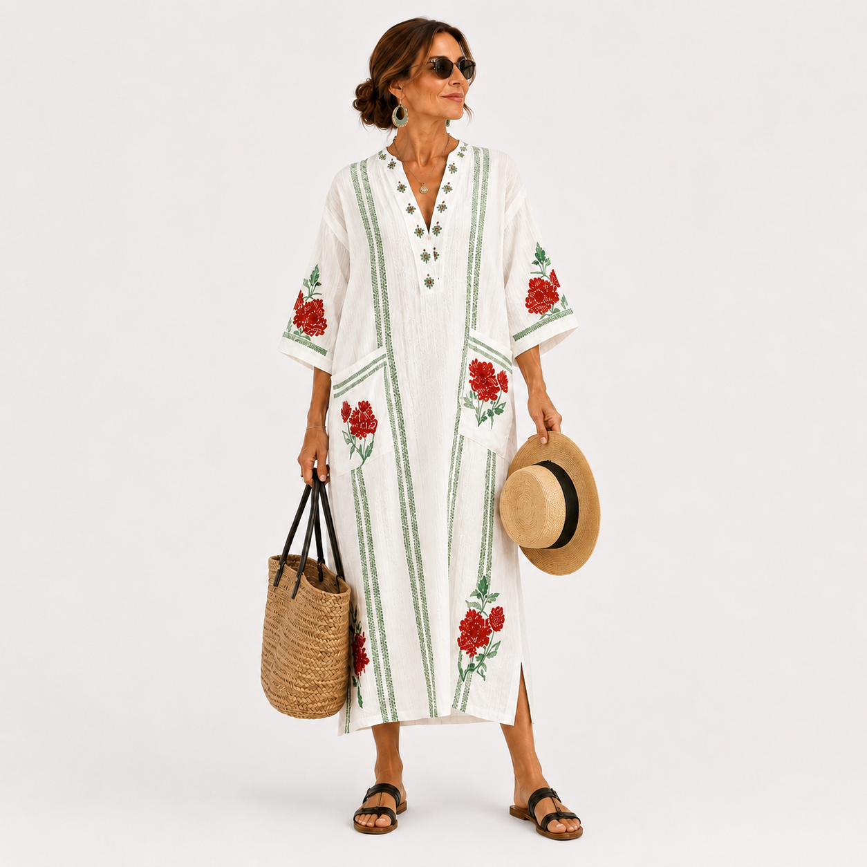 Rosa | Caftan Blanc à Imprimé Roses