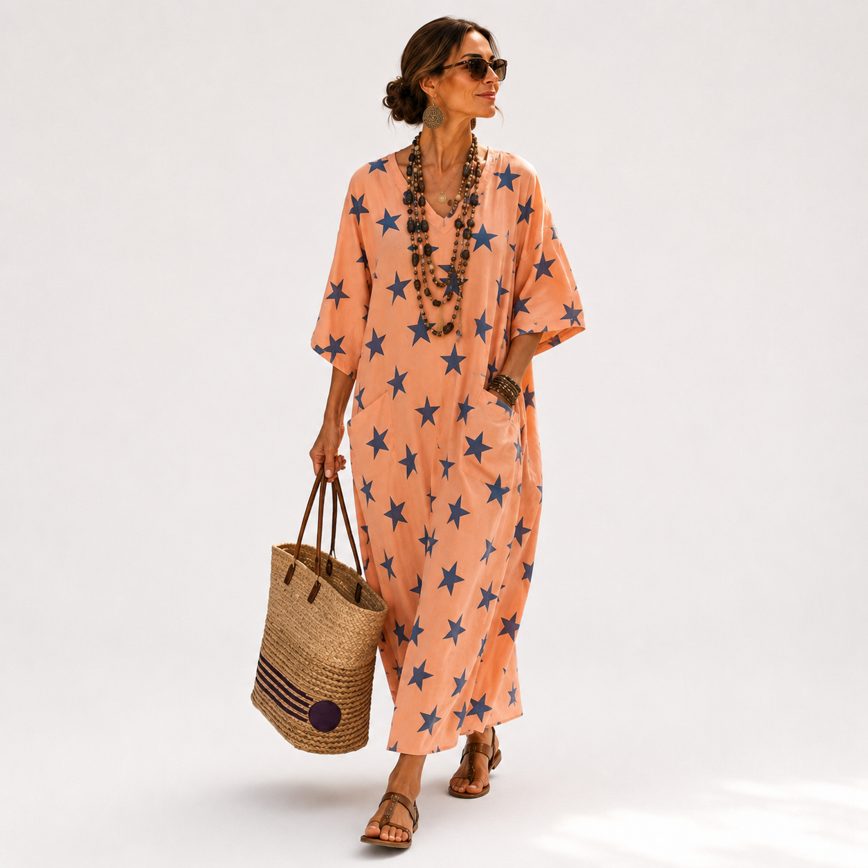 Luna | Caftan Corail Imprimé Étoiles