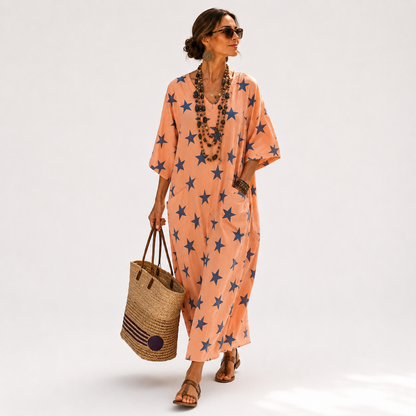 Luna | Caftan Corail Imprimé Étoiles