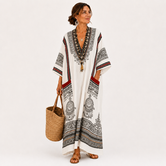Clara | Caftan Blanc à Imprimé Ethnique