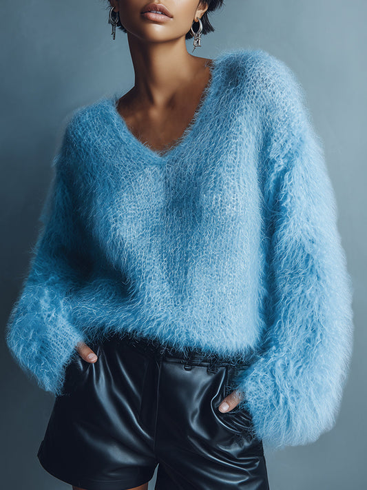 Casual Loose Light Blue V-neck Long Wool Knitted Sweater