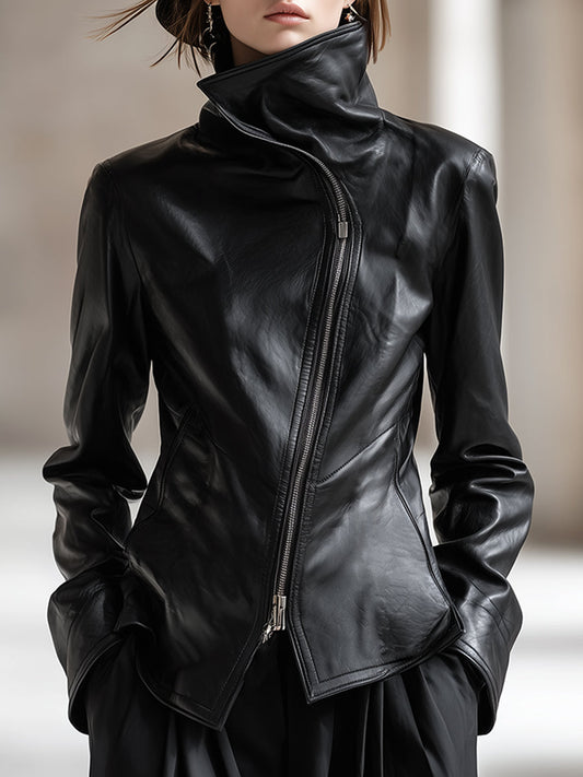 Personality And Fashion High Collar Oblique Zipper Black PU Jacket