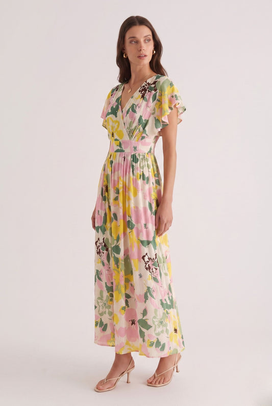 Robe Longue Élégante Plissée à Imprimé Floral Pastel et Col V