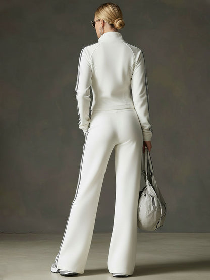 Sporty Retro Striped Webbing White Long-Sleeve Sweatshirt And Wide-Leg Pants Set