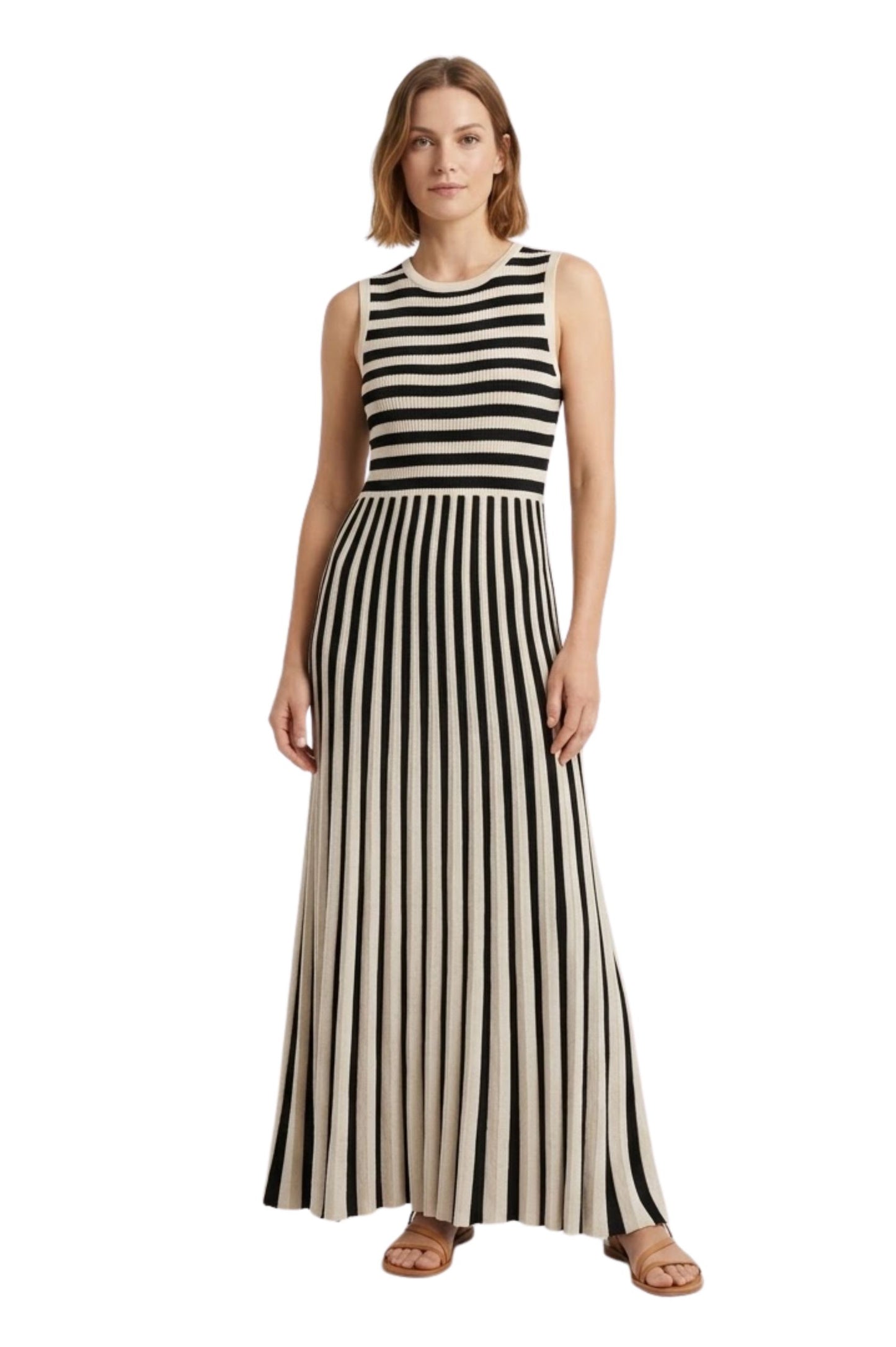 Robe Longue en Maille Sans Manches à Rayures et Col Rond pour Femmes