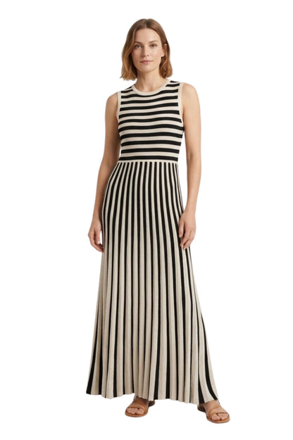 Robe Longue en Maille Sans Manches à Rayures et Col Rond pour Femmes