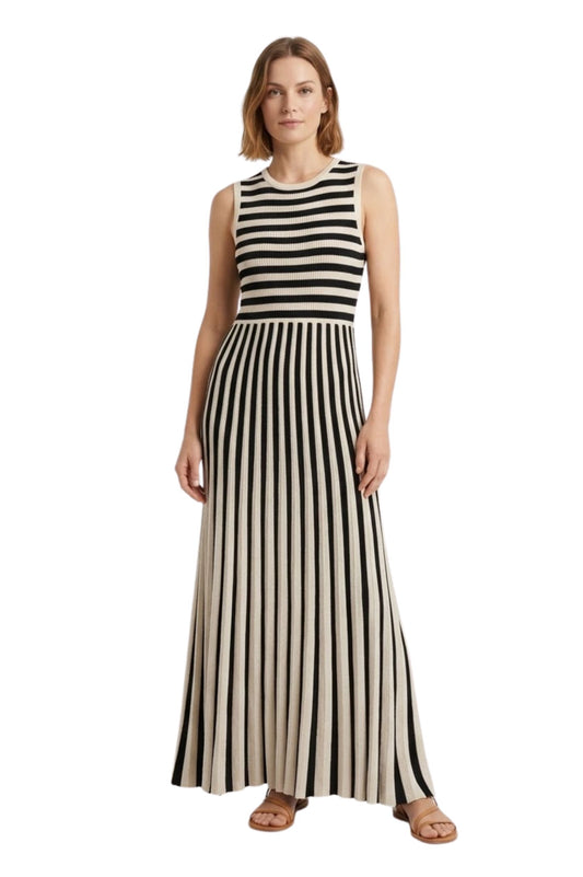 Robe Longue en Maille Sans Manches à Rayures et Col Rond pour Femmes