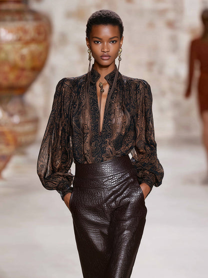 Premium Printed V-Neck Mocha Brown Printed Long Sleeve Shirt