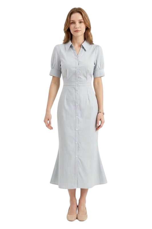 Robe Longue Évasée à Manches Courtes et Boutonnage pour Femmes