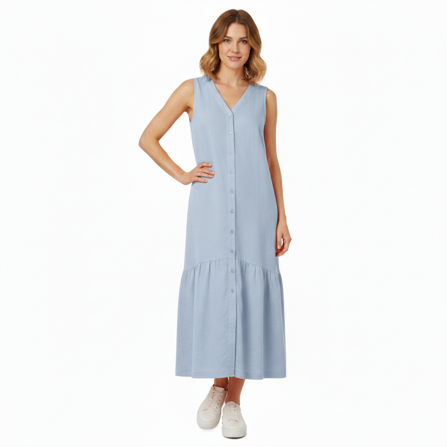 Robe midi pour femmes en coton et lin, sans manches, col en V, coupe évasée A avec poches