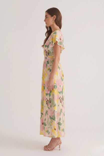 Robe Longue Élégante Plissée à Imprimé Floral Pastel et Col V