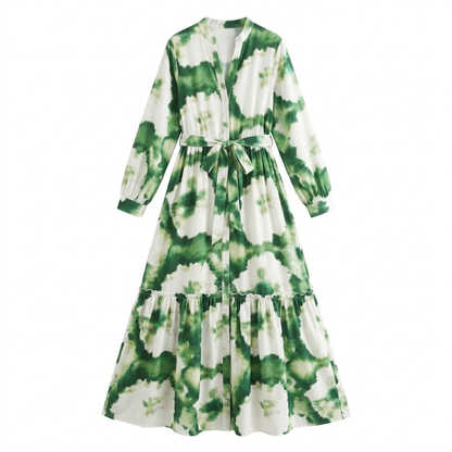 Robe Longue Fluide à Imprimé Floral avec Col en V et Manches Longues Bouffantes