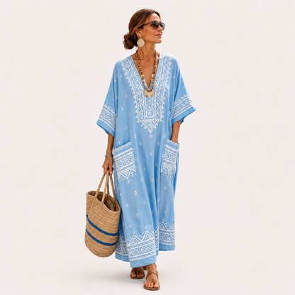 Lina | Caftan Bleu Ciel à Imprimé Ethnique