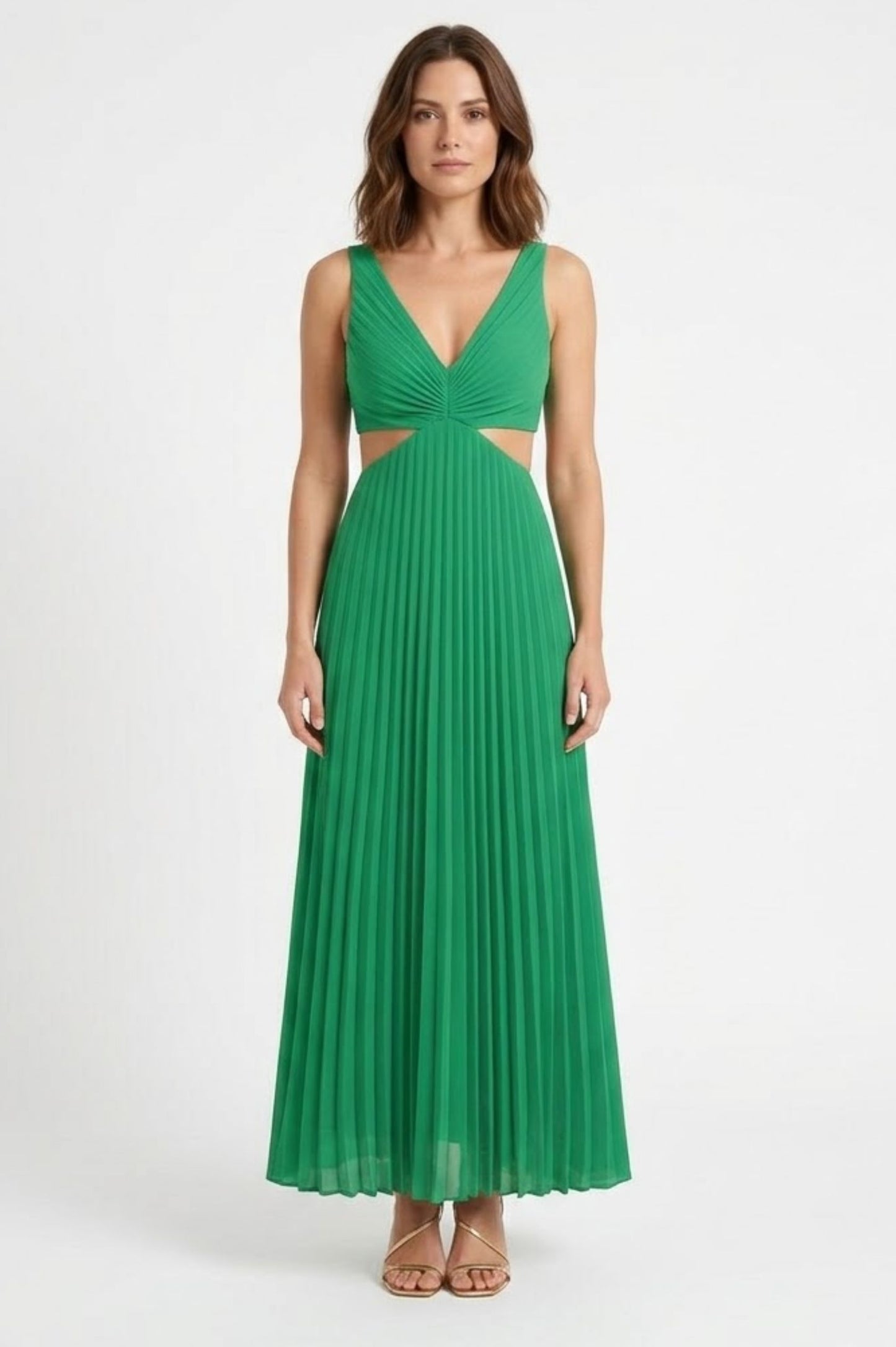 Robe Longue Plissée à Col en V avec Découpes Latérales et Dos Nu
