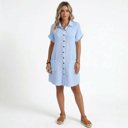 Robe Courte en Coton et Lin avec Col en V et Manches Trois-Quarts pour Femmes