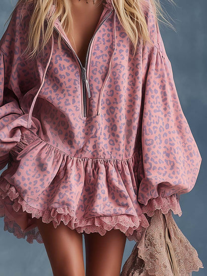 Elegant Western Hooded Front Zipper Ruffled Hem Pink Leopard Print Fuax Suede Mini Dress