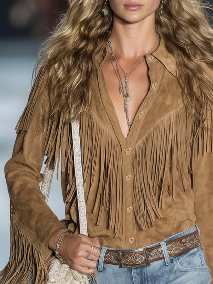Casual Vintage Western Button Front Tassel Long Sleeve Light Brown Fuax Suede Shirt Top