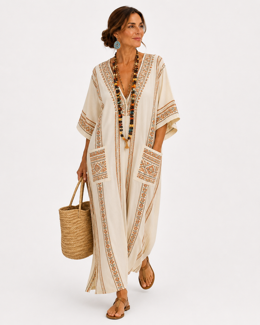 Maya | Caftan Beige à Imprimé Ethnique