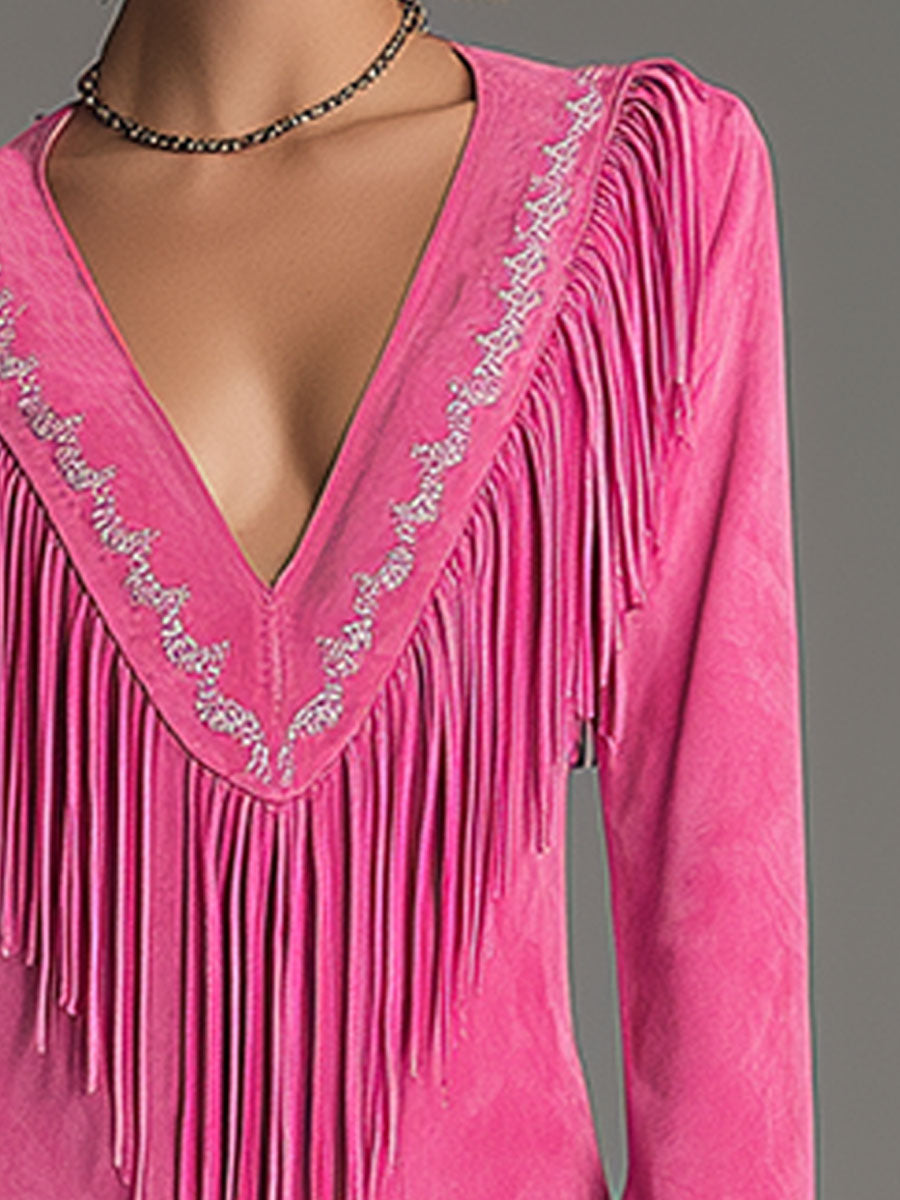 Western-style Retro Embroidered Tassel Pink Faux Suede Mini Dress