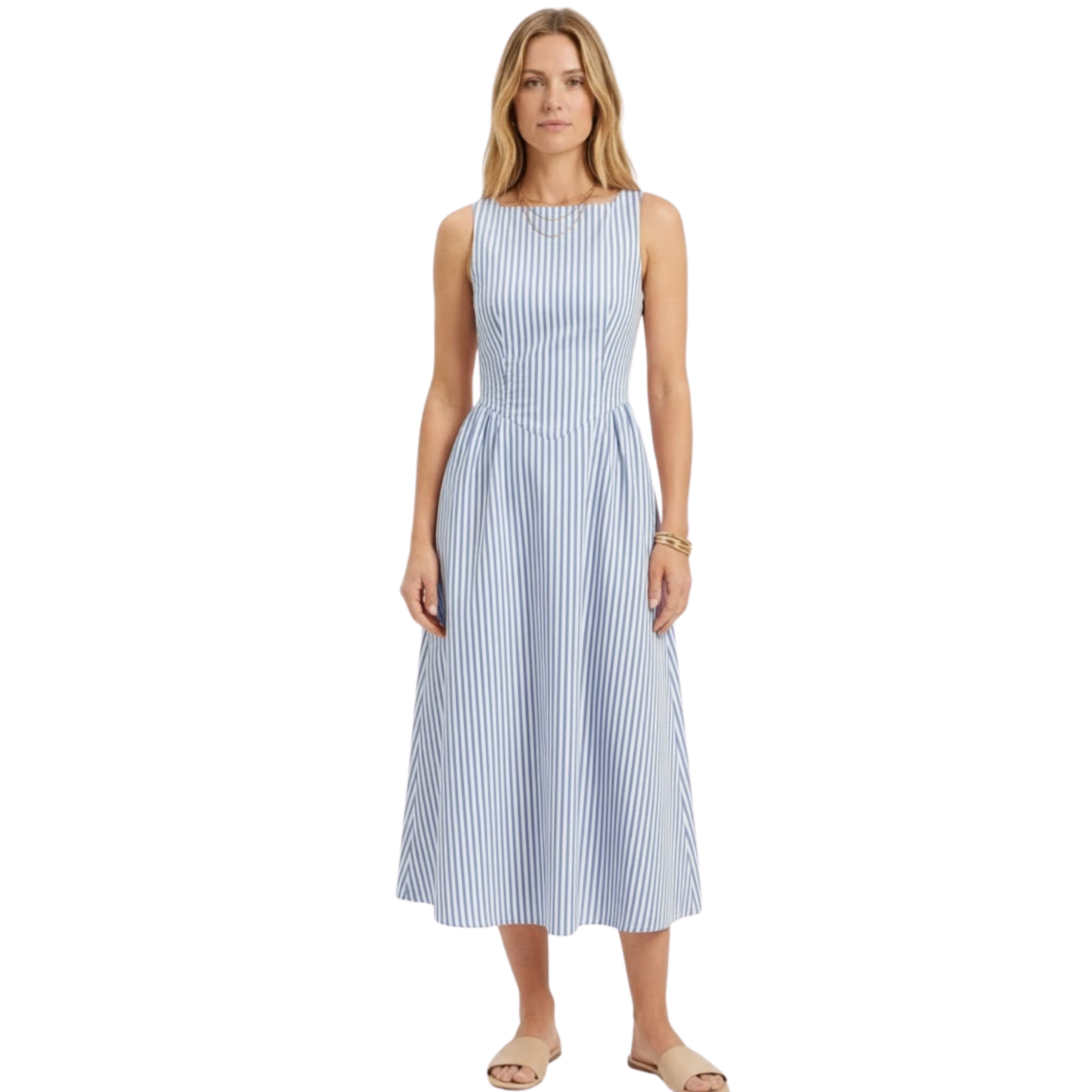 Robe Longue à Rayures Verticales sans Manches avec Col Haut pour Femmes