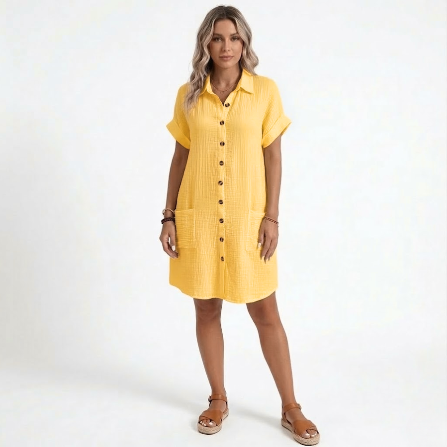 Robe Courte en Coton et Lin avec Col en V et Manches Trois-Quarts pour Femmes