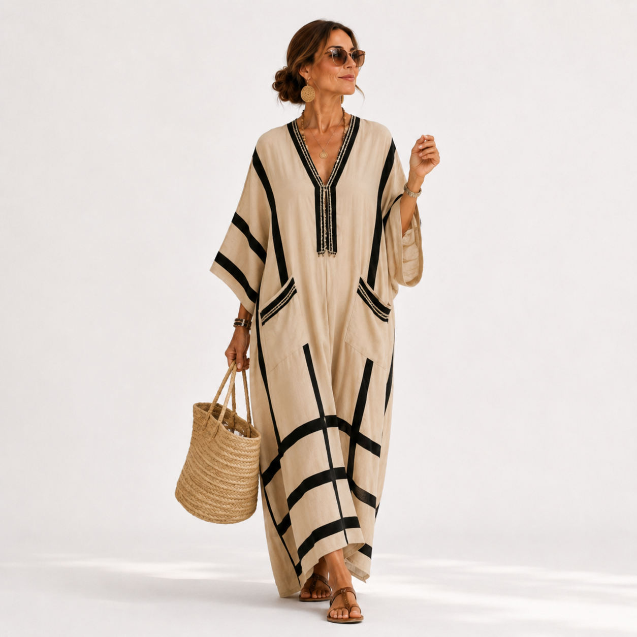Salma | Caftan Beige à Rayures Noires