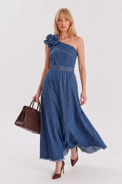 Robe Longue en Jean "Fleur d'Azur" – Coupe Asymétrique & Détail Couture