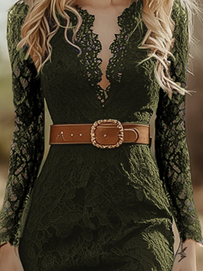 Vintage Bohemian Blue Lace Long Sleeve Midi Dress