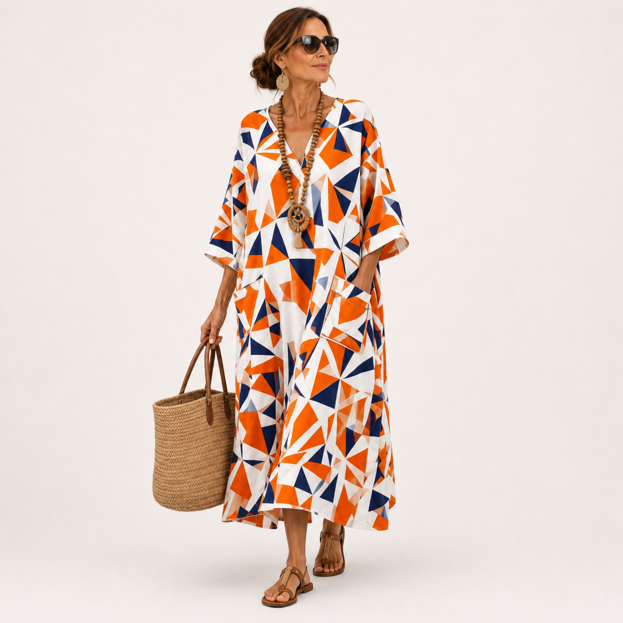 Zara | Caftan Long à Imprimé Géométrique Orange