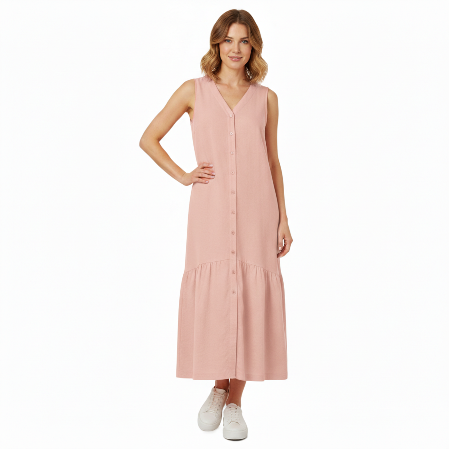 Robe midi pour femmes en coton et lin, sans manches, col en V, coupe évasée A avec poches