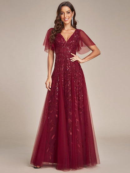 ever ASTRAL|Romantic Shimmery V Neck Ruffle Sleeves Maxi Long Evening Gowns