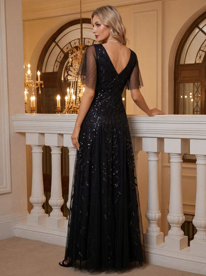 ever ASTRAL|Romantic Shimmery V Neck Ruffle Sleeves Maxi Long Evening Gowns