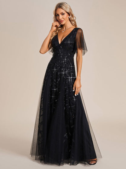 Robe Longue de Soirée Éclatante à Volants et Col en V Romantique
