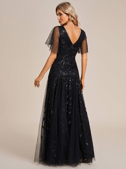 ever ASTRAL|Romantic Shimmery V Neck Ruffle Sleeves Maxi Long Evening Gowns