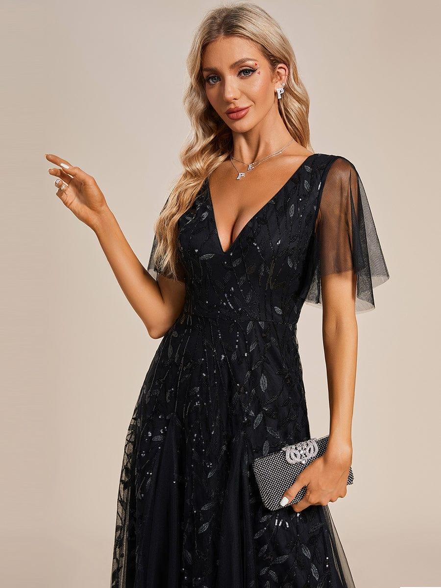 ever ASTRAL|Romantic Shimmery V Neck Ruffle Sleeves Maxi Long Evening Gowns