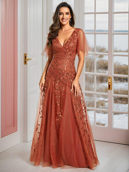 Robe Longue de Soirée Éclatante à Volants et Col en V Romantique