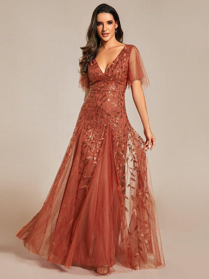 Robe Longue de Soirée Éclatante à Volants et Col en V Romantique
