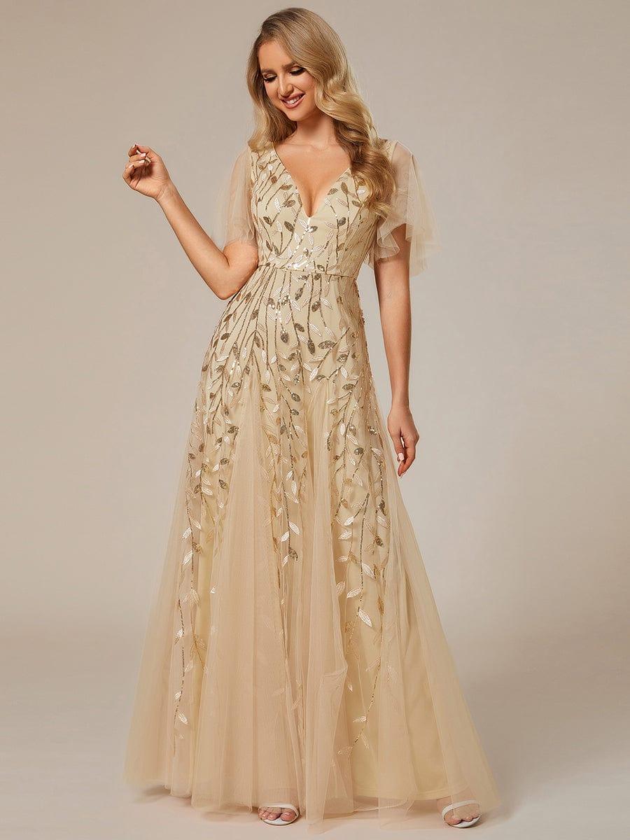 Robe Longue de Soirée Éclatante à Volants et Col en V Romantique