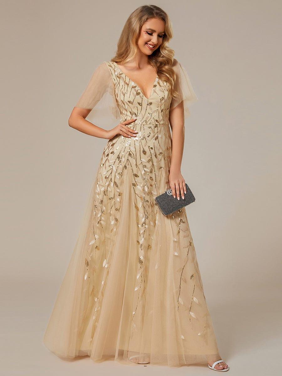 Robe Longue de Soirée Éclatante à Volants et Col en V Romantique